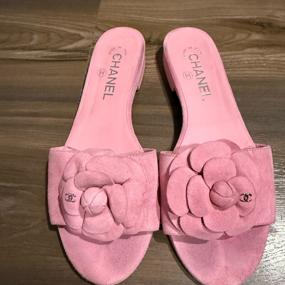 CHANEL Pink Camellia Slide Sandals